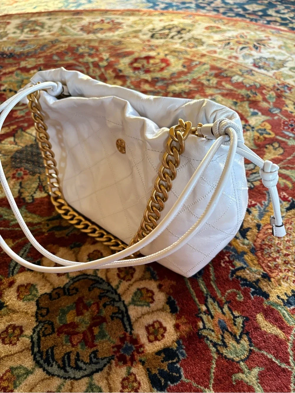 Tory Burch White Quilted Shoulder Bag with Gold Chain